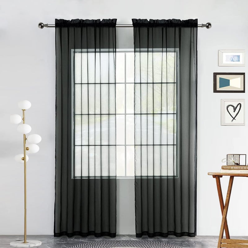 youleyar Solid Sheer Rod Pocket Curtain Voile Draperies 2 Panels White Beige Black Grey Coffee 52 Inch Width 45 Inch Long 1 Pair for Kitchen Bedroom Children Living Room Yard(Black,52Wx45L) - Image 1